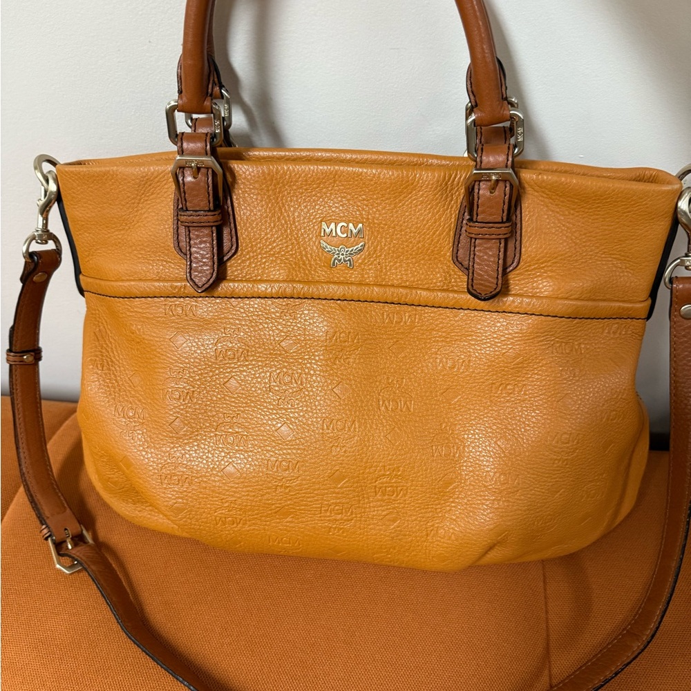 MCM Caramel Embossed Leather Satchel